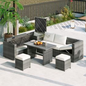 Outdoor 6-Piece All Weather PE Rattan Sofa Set, Garden Patio Wicker Sectional Furniture Set with Adjustable Seat, Storage Box, Removable Covers and Te