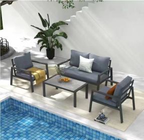 4-piece Aluminum Outdoor Patio Conversation Set,All-Weather Sectional Sofa Outside Furniture with Removable Cushions and Tempered Glass Coffee Table f