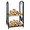 17.8x11.8x 29.3in Firewood Log Rack ; Black Wrought Iron Steel Frame Firewood Storage Holder with 4 Tools; for Fire Pit Fireplace; Black