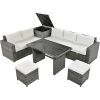 Outdoor 6-Piece All Weather PE Rattan Sofa Set, Garden Patio Wicker Sectional Furniture Set with Adjustable Seat, Storage Box, Removable Covers and Te