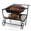 Outdoor Wood Burning Fire Pit with Log Storage Rack and Wheels