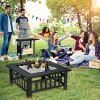 32 Inch 3 in 1 Outdoor Square Fire Pit Table with BBQ Grill and Rain Cover for Camping