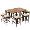 10-Piece Outdoor Acacia Wood Bar Height Table And Eight Stools With Cushions, Garden PE Rattan Wicker Dining Table, Foldable Tabletop, High-Dining Bis