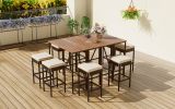 10-Piece Outdoor Acacia Wood Bar Height Table And Eight Stools With Cushions, Garden PE Rattan Wicker Dining Table, Foldable Tabletop, High-Dining Bis