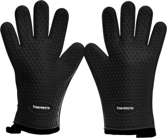 KITCHEN PERFECTION Silicone Smoker Oven Gloves -Extreme Heat Resistant BBQ Gloves-Handle Hot Food Right on Your Grill Fryer & Pit |Waterproof Grilling (Color: Black)