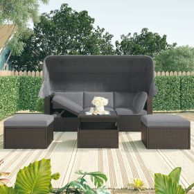 Outdoor Patio Rectangle Daybed with Retractable Canopy, Wicker Furniture Sectional Seating with Washable Cushions, Backyard, Porch (Color: GRAY)