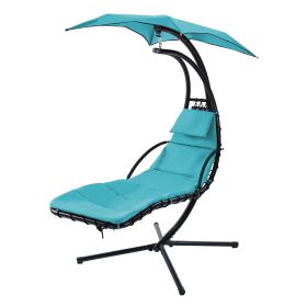 Hanging Chaise Lounger with Removable Canopy, Outdoor Swing Chair with Built-in Pillow, Hanging Curved Chaise Lounge Chair Swing for Patio Porch Pools (Color: Blue)