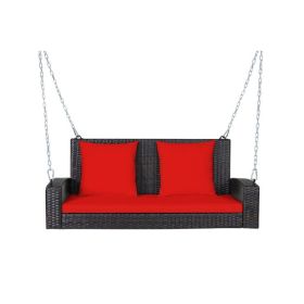 2-Person Wicker Hanging Porch Swing with 2 Back Cushions and 1 Seat Cushion (Color: Red)