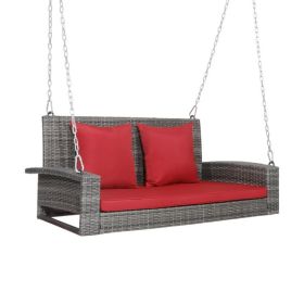 2-Person Patio PE Wicker Hanging Porch Swing Bench Chair Cushion 800 Pounds (Color: Red)