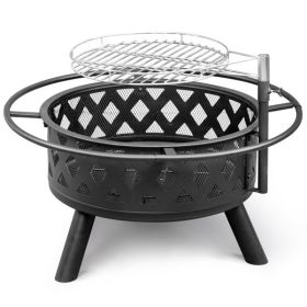 30in Outdoor Metal Fire Pit with Cooking Grates Black (Color: as picture)