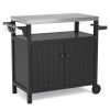 Outdoor Grilling Table with Storage,,Waterproof Outdoor Grill Cabinet,Stainless Steel Tabletop Outdoor Kitchen Island,BBQ Cart with Wheels,Hooks and S