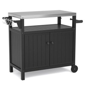 Outdoor Grilling Table with Storage,,Waterproof Outdoor Grill Cabinet,Stainless Steel Tabletop Outdoor Kitchen Island,BBQ Cart with Wheels,Hooks and S (Color: Black)