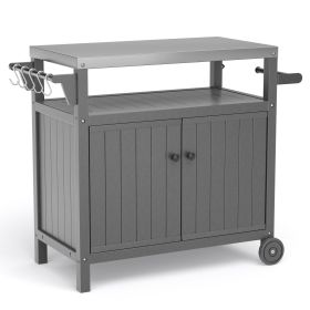 Outdoor Grilling Table with Storage,,Waterproof Outdoor Grill Cabinet,Stainless Steel Tabletop Outdoor Kitchen Island,BBQ Cart with Wheels,Hooks and S (Color: Grey)