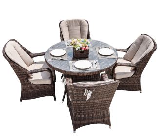 Direct Wicker 5-Piece Aluminum Wicker Round Outdoor Dining Set with Cushions (Color: BROWN)