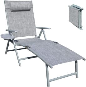 Aluminum Outdoor Folding Reclining Adjustable Chaise Lounge Chair with Cup Holder for Outdoor Patio Beach (Color: GRAY)