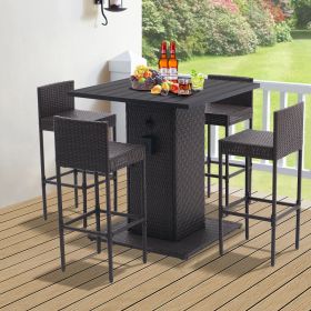 5-Piece Outdoor Conversation Bar Set,All Weather PE Rattan and Steel Frame Patio Furniture With Metal Tabletop and Stools for Patios, Backyards, Porch (Color: Coffee)