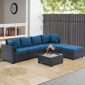 7 Pieces Outdoor Patio Furniture Set,Sectional Conversation Sofa Of Corner Chairs,Ottomans And Glass Top Table,All Weather PE Rattan and Steel Frame W (Color: Coffee+Peacock blue)