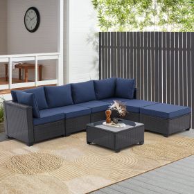 7 Pieces Outdoor Patio Furniture Set,Sectional Conversation Sofa Of Corner Chairs,Ottomans And Glass Top Table,All Weather PE Rattan and Steel Frame W (Color: Dark Coffee+Blue)