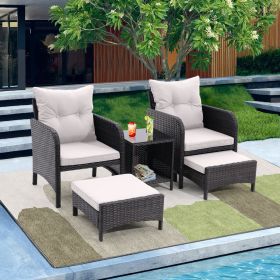 5 Piece Outdoor Patio Furniture Set,All Weather PE Rattan Conversation Chairs with Armrest and Removable Cushions,Ottomans and Storage Coffee Table fo (Color: Beige)