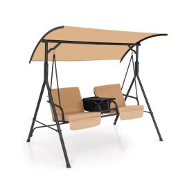 Porch Swing Chair with Adjustable Canopy (Color: Beige)