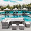 Outdoor Patio Furniture Set,7 Pieces Outdoor Sectional Conversation Sofa with Dining Table,Chairs and Ottomans,All Weather PE Rattan and Steel Frame,W