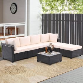 7 Pieces Outdoor Patio Furniture Set,Sectional Conversation Sofa Of Corner Chairs,Ottomans And Glass Top Table,All Weather PE Rattan and Steel Frame W (Color: Coffee+Beige)