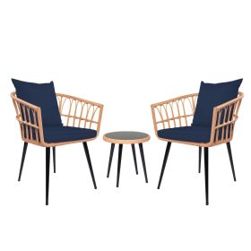 3 Piece Patio Bistro Set with Side Table, Outdoor PE Rattan Conversation Chair Set,Furniture of Coffee Table with Glass Top,Cushions & Lumbar Pillows (Color: Dark Blue)