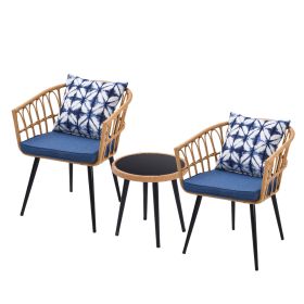 3 Piece Patio Bistro Set with Side Table, Outdoor PE Rattan Conversation Chair Set,Furniture of Coffee Table with Glass Top,Cushions & Lumbar Pillows (Color: Blue)