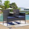 Outdoor Patio Loveseat Set,All Weather PE Rattan and Steel Frame Conversation Furniture with Built-in Coffee Table,Tempered Glass Top and Removable Cu