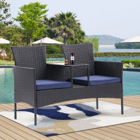 Outdoor Patio Loveseat Set,All Weather PE Rattan and Steel Frame Conversation Furniture with Built-in Coffee Table,Tempered Glass Top and Removable Cu (Color: Dark Coffee+Blue)