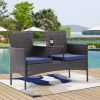 Outdoor Patio Loveseat Set,All Weather PE Rattan and Steel Frame Conversation Furniture with Built-in Coffee Table,Tempered Glass Top and Removable Cu