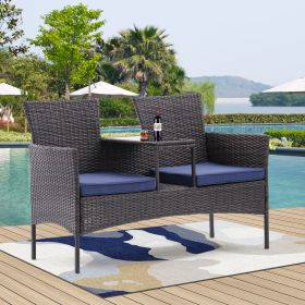 Outdoor Patio Loveseat Set,All Weather PE Rattan and Steel Frame Conversation Furniture with Built-in Coffee Table,Tempered Glass Top and Removable Cu (Color: Brown+Blue)