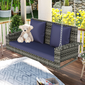 2-Person Wicker Hanging Porch Swing with Chains, Cushion, Pillow, Rattan Swing Bench for Garden, Backyard, Pond. (Color: Blue-gray)