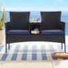 Outdoor Patio Loveseat Set,All Weather PE Rattan and Steel Frame Conversation Furniture with Built-in Coffee Table,Tempered Glass Top and Removable Cu