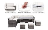 Outdoor Patio Furniture Set,7 Pieces Outdoor Sectional Conversation Sofa with Dining Table,Chairs and Ottomans,All Weather PE Rattan and Steel Frame,W