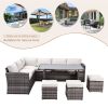 Outdoor Patio Furniture Set,7 Pieces Outdoor Sectional Conversation Sofa with Dining Table,Chairs and Ottomans,All Weather PE Rattan and Steel Frame,W