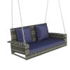 2-Person Wicker Hanging Porch Swing with Chains; Cushion; Pillow; Rattan Swing Bench for Garden; Backyard; Pond. (Brown Wicker; Beige Cushion)