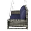 2-Person Wicker Hanging Porch Swing with Chains, Cushion, Pillow, Rattan Swing Bench for Garden, Backyard, Pond.