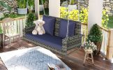 2-Person Wicker Hanging Porch Swing with Chains, Cushion, Pillow, Rattan Swing Bench for Garden, Backyard, Pond.